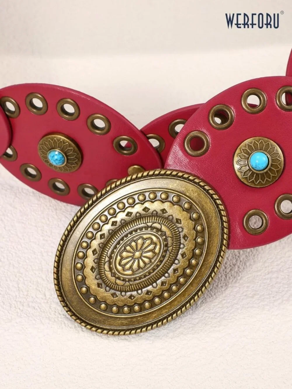 Boho Western Wide Disc Belt with Turquoise Conchos - Stylish Cowgirl Leather